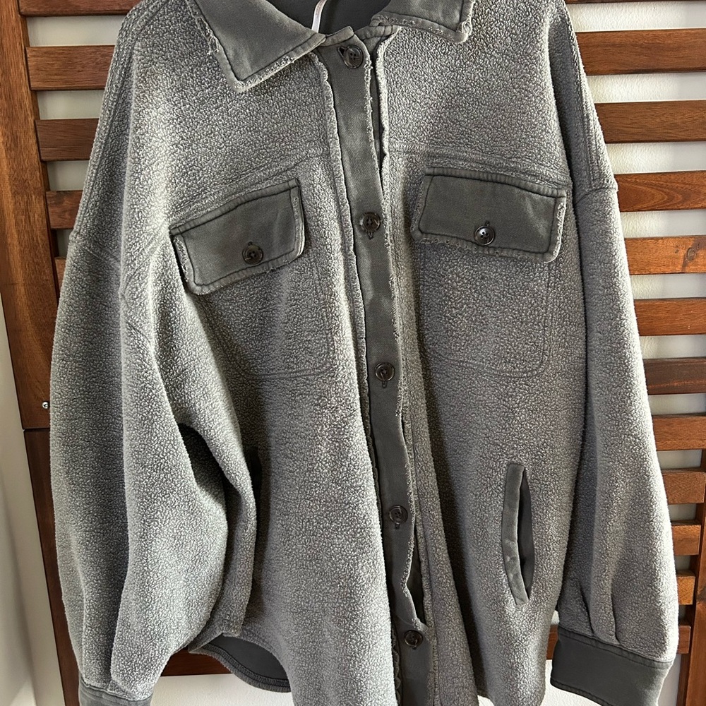 Free People Gray Fleece Oversized Shirt Jacket